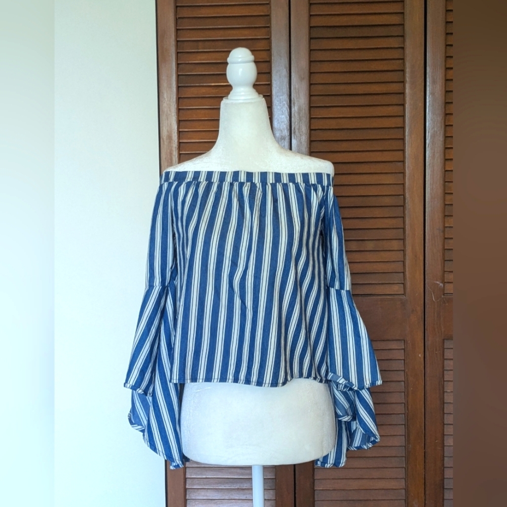 Nautical Off The Shoulder Flowy Long Sleeve Top